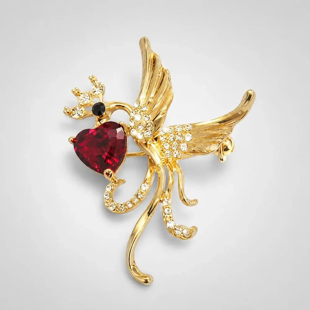 Vintage Rise Gold-tone Phoenix Bird Brooch Pin- Red Sparkly‎ Red Heart ab1-54 - Picture 2 of 6